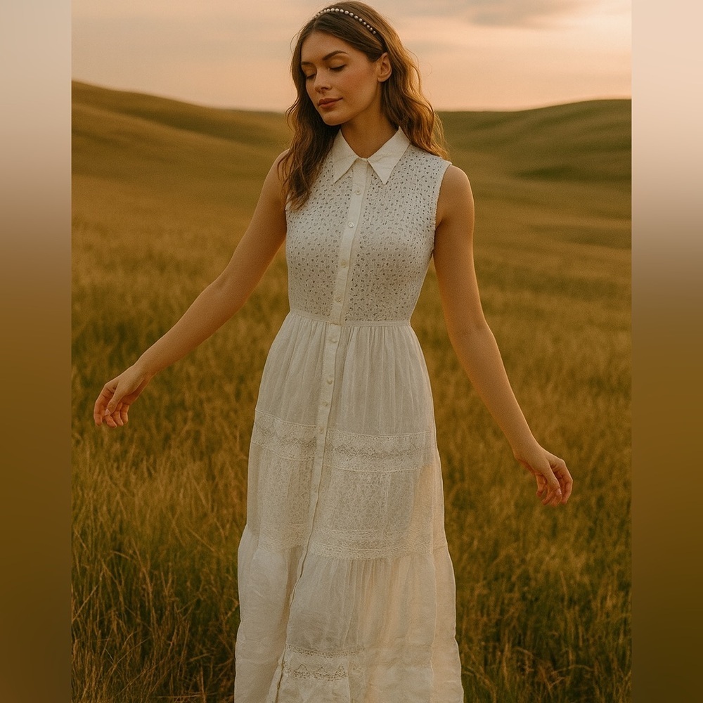 Magic White Eyelet Maxi Dress Collared Button Front Tiered Lace Boho Cottagecore